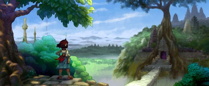 Ajna from Indivisible overlooking a misty landscape with temples