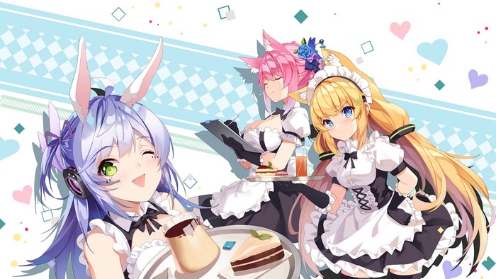 Anime maids with animal ears serving dessert