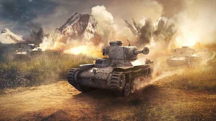 Tanks in a battlefield with explosions and mountains