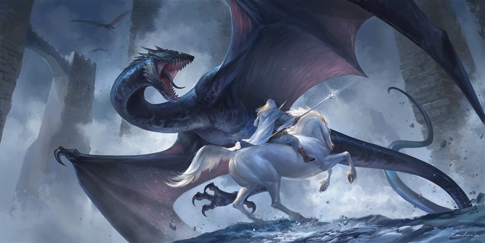 Gandalf fighting a dragon on a horse