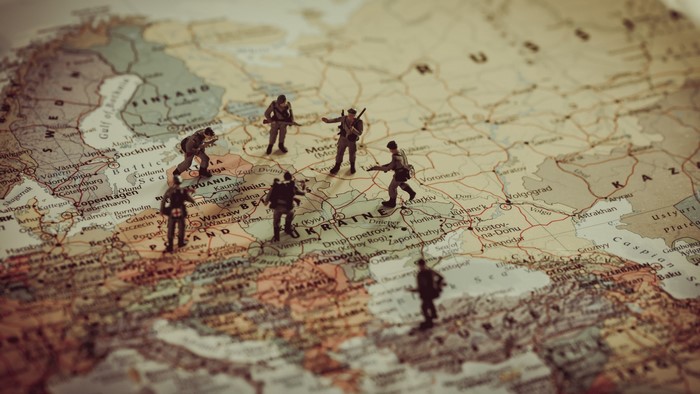 Miniature soldiers on a map of Eastern Europe