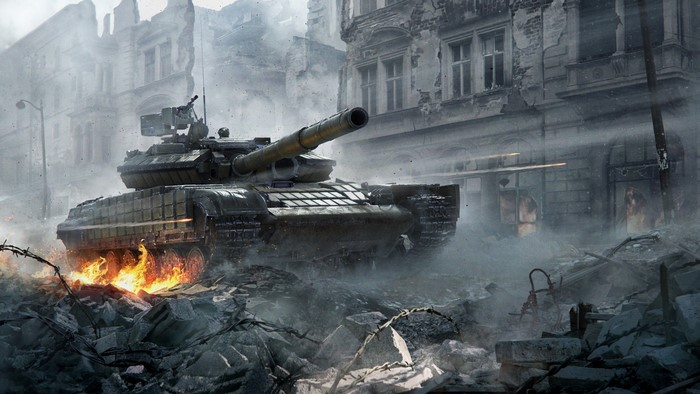Tank in destroyed city ruins with fire