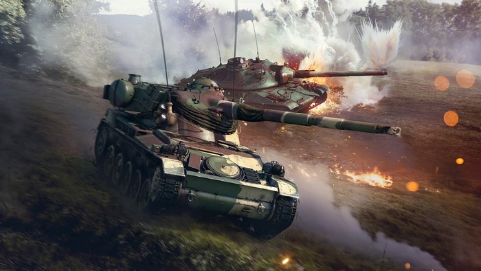 Tanks in battle with explosions and fire