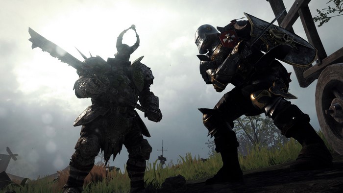Two armored warriors fighting in a field
