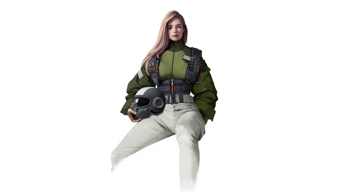Woman in flight suit holding a helmet