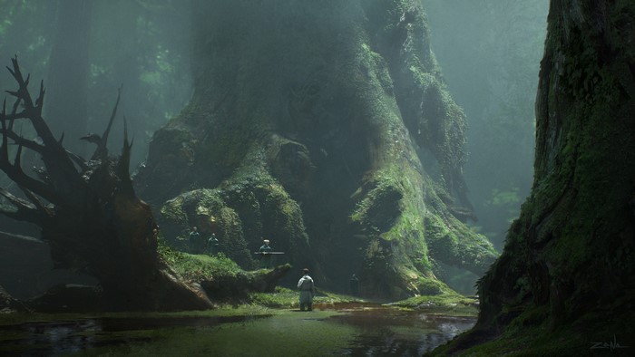 Concept art of people in a mossy forest with a large tree