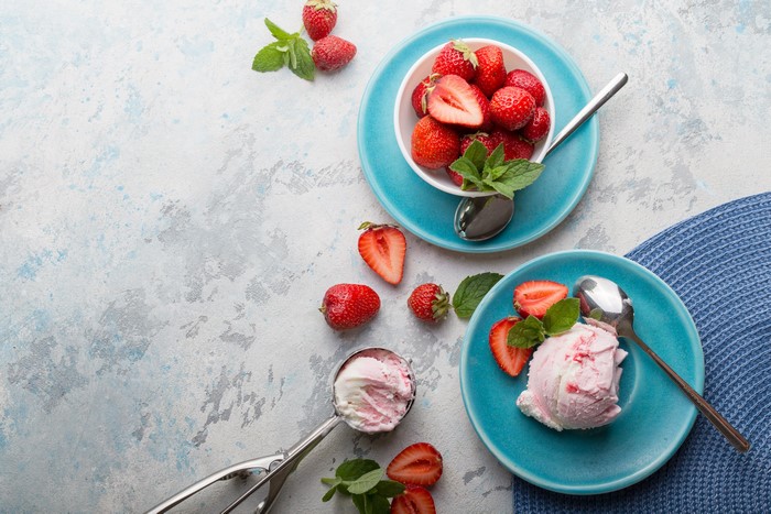 Strawberries and ice cream with mint
