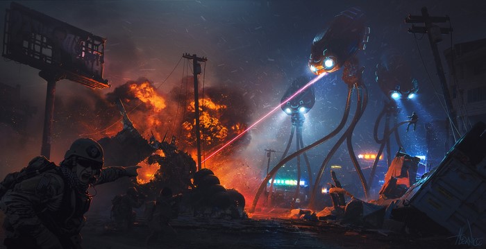 War of the Worlds Tripods attacking a city with soldiers