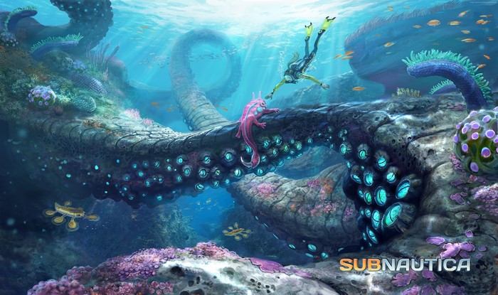 Subnautica: Diver and creature on a giant tentacle