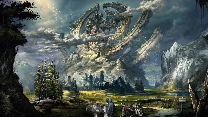 Fantasy landscape with ancient ruins and a traveler on horseback