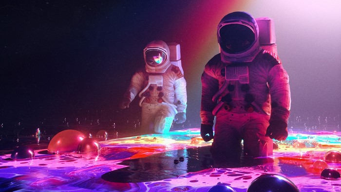 Astronauts in a colorful liquid with reflections