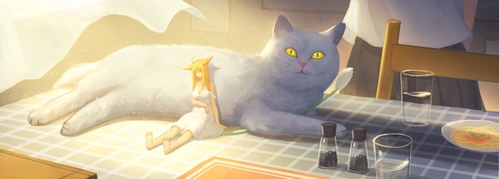 Girl with cat and food on table