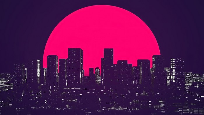 Cityscape with Pink Moon