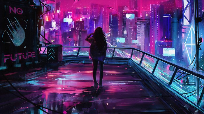 Girl on rooftop overlooking futuristic city at night
