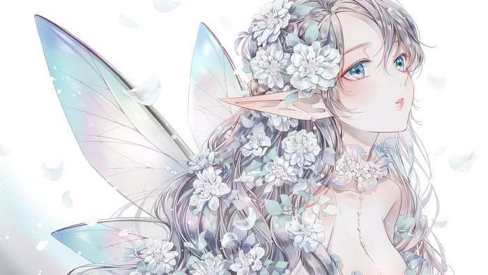 Fairy with flowers and iridescent wings