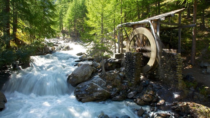 Water mill on a river in a forest