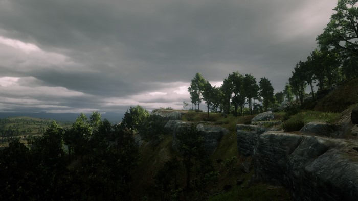 Red Dead Redemption 2 landscape with rocky cliffs and trees
