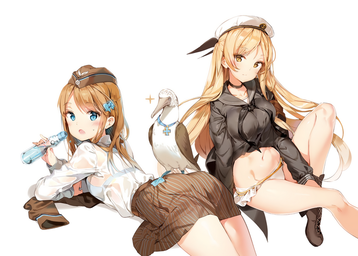 Two anime girls with a bird, one holding a drink