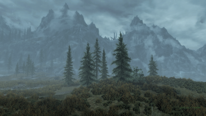 4K The Elder Scrolls V: Skyrim overcast mountains rain