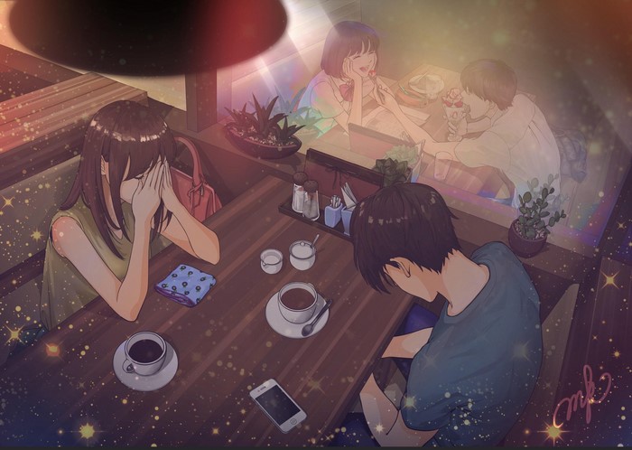 Anime couple in a cafe, one sad, one happy