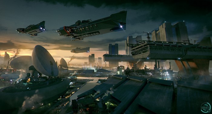 Spaceships over a futuristic cityscape in Endless Space 2