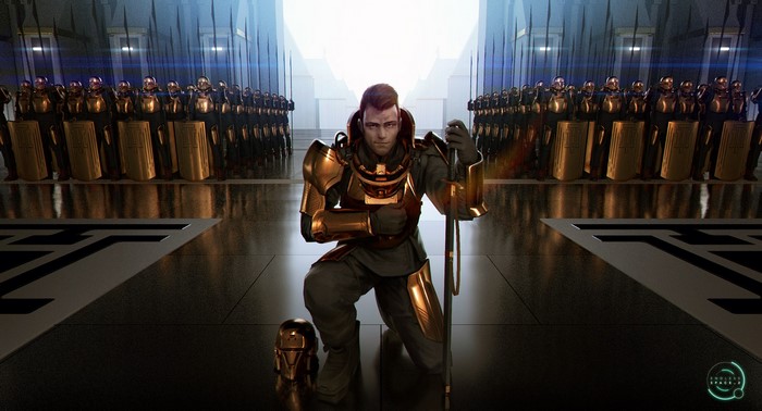 Soldier in golden armor kneeling before an army in Endless Space 2