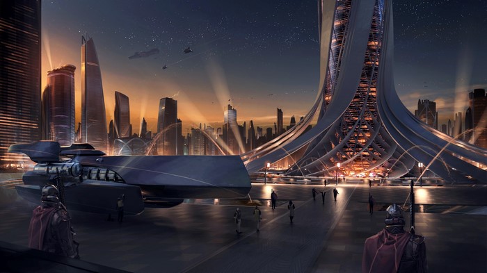 Futuristic cityscape with spaceship and guards