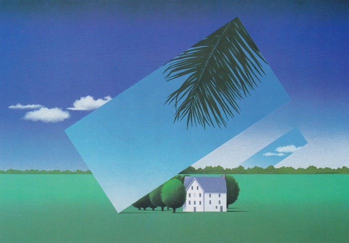 Surreal landscape with house and palm frond
