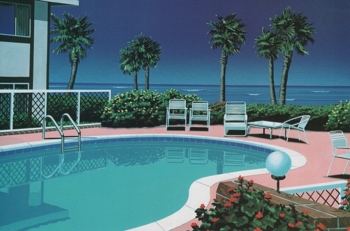 Swimming pool by the ocean at night, painting