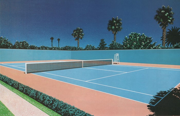 Painting of a tennis court at night