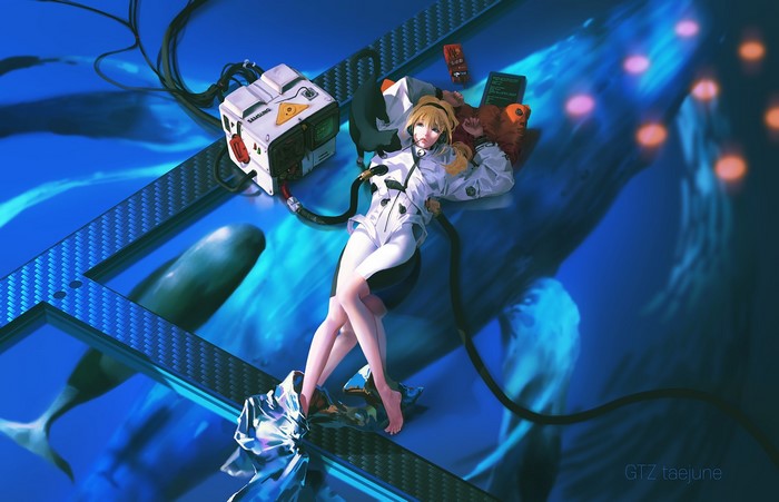 Anime girl in white suit connected to machinery with whales in background
