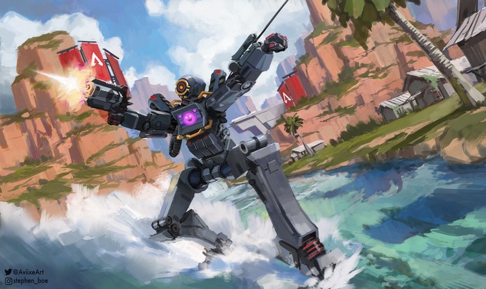 Pathfinder from Apex Legends firing a weapon