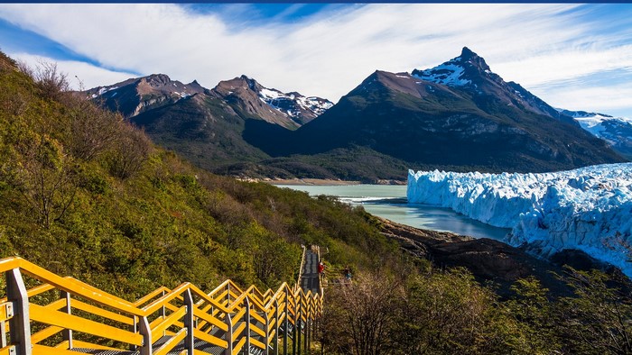 Perito Moreno Glacier with Mountains and Wooden Walkway