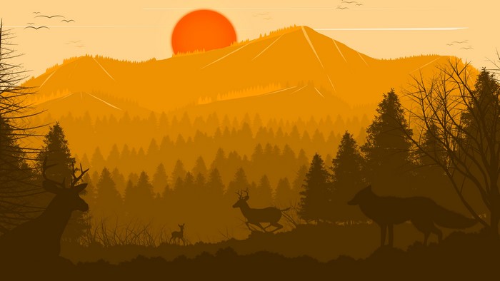 Minimalist Artwork of Deer and Wolf in Mountains at Sunset