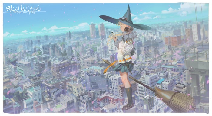 Sky Witch anime girl on a broomstick over a city