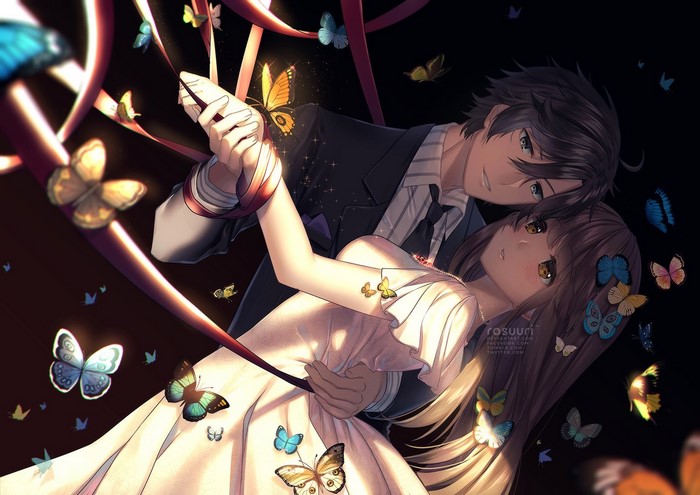 Anime couple dancing with butterflies