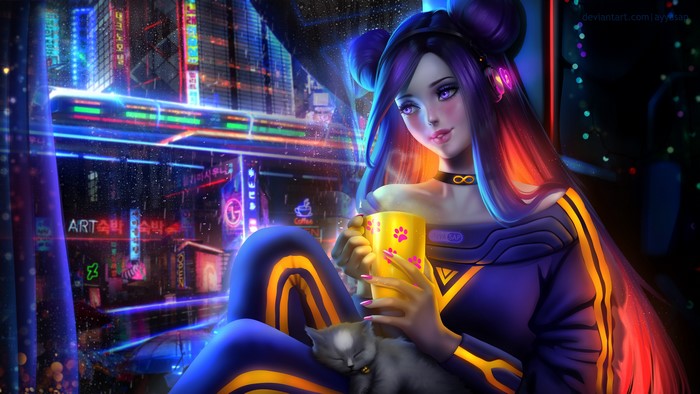 4K Neon Fantasy Girl with Cat and Rain