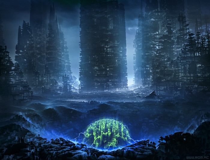 Glowing Orb in a Ruined Futuristic City