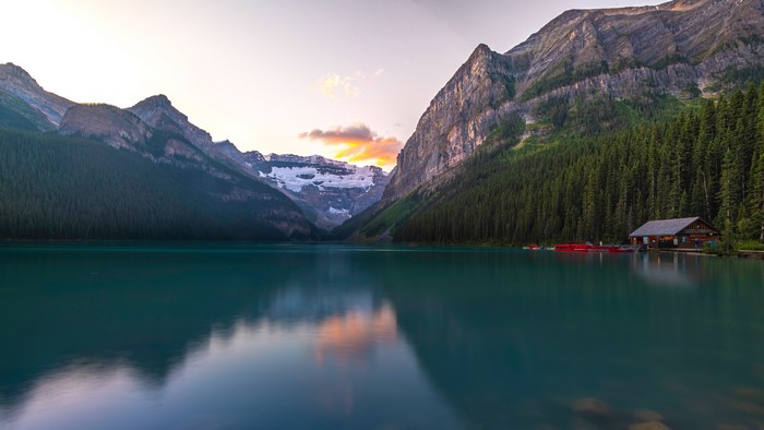 Lake Louise with Mountains and Boathouse