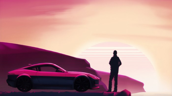 Jaguar F-Type in Synthwave Landscape with Person