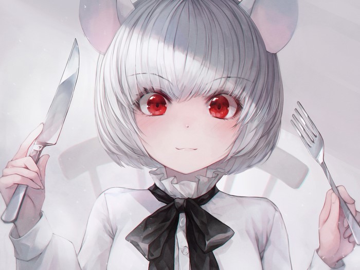 Anime girl with mouse ears holding cutlery