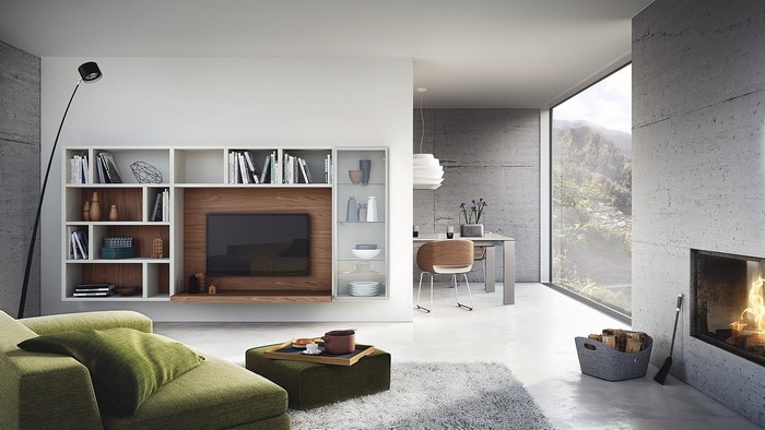 Modern living room with fireplace and large window