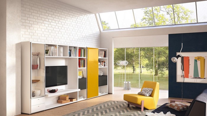 Modern living room with yellow armchair and large window