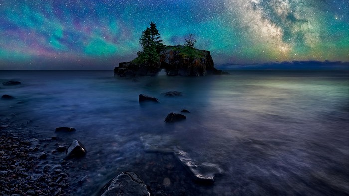 Aurora Borealis over Lake Superior with Island