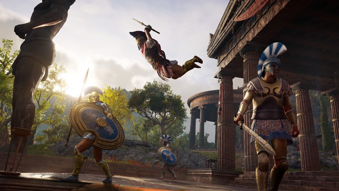 Alexios from Assassin's Creed: Odyssey jumping near ancient Greek architecture