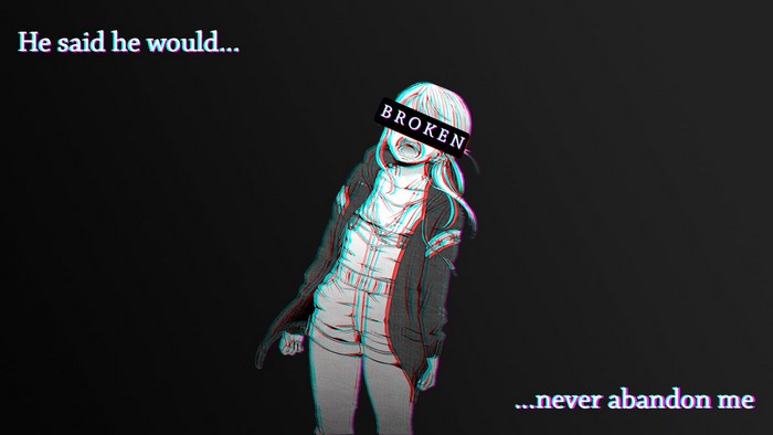 Anime girl with "BROKEN" text over eyes