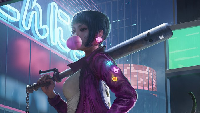 Asian woman with bubblegum and baseball bat in neon city