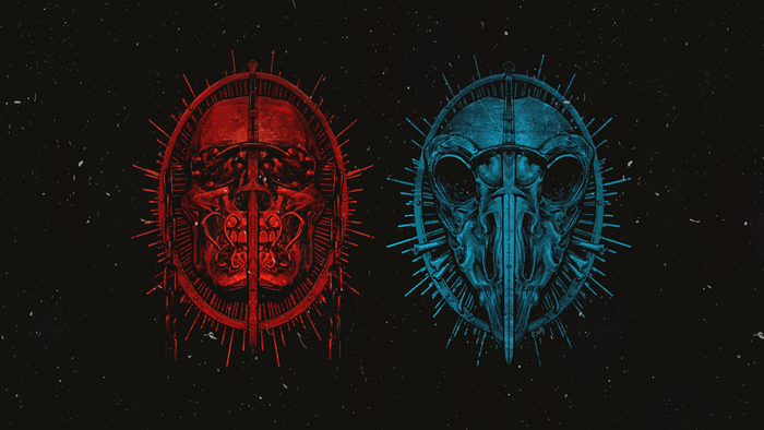 Red and Blue Skull Emblems with Swords