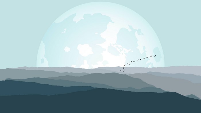 Minimalist landscape with a large moon and birds