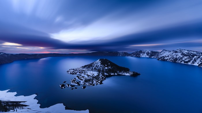 Crater Lake National Park with Wizard Island in winter